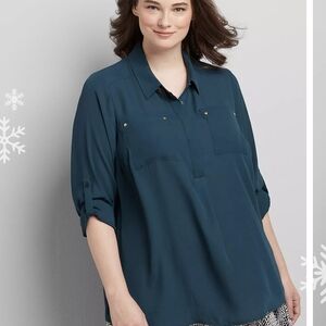 Lane Bryant Convertible-Sleeve Chiffon Top Dark Green